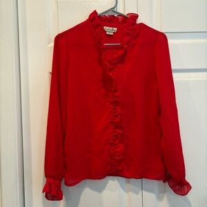 Vintage David Matthew Red Ruffle Button Up Blouse - Size 8